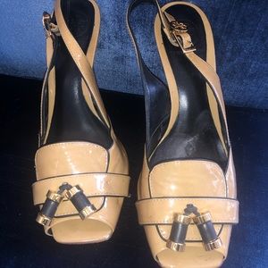 Tory Burch nude patent leather wedges
